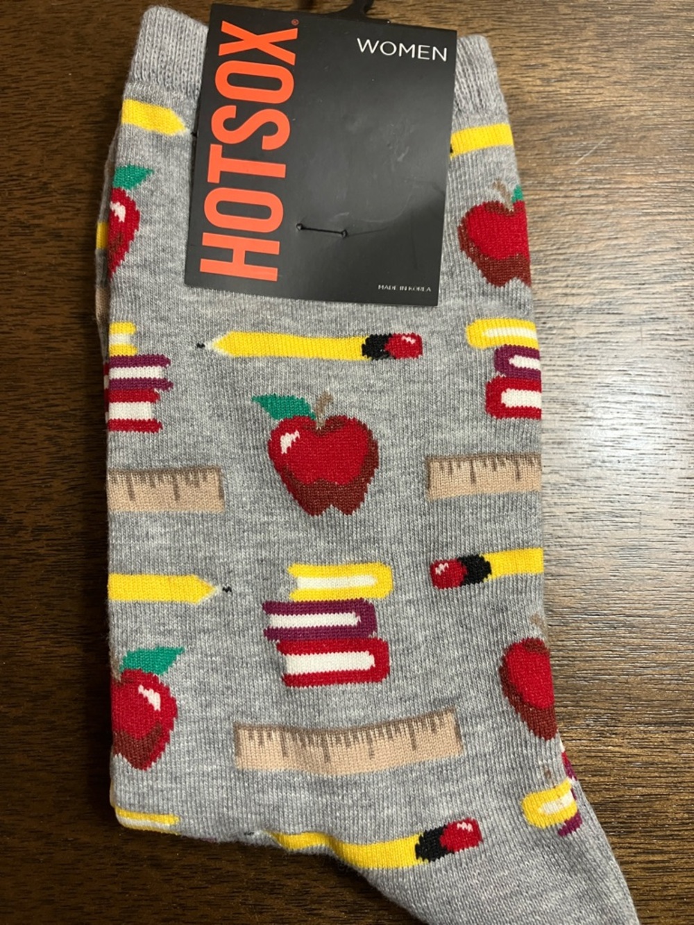 Hot Sox Women's Gray School-Themed Socks with Red Apples & Yellow Pencils